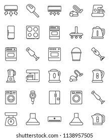 thin line vector icon set - vacuum cleaner vector, bucket, kettle, scales, oven, blender, air conditioner, fridge, washer, coffee maker, hood
