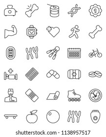 thin line vector icon set - diet vector, bike, fitball, muscle hand, roller Skates, skateboard, medal, sports nutrition, heart monitor, calendar, fitness mat, shuttlecock, cross, first aid kit, run