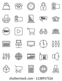 thin line vector icon set - kettle vector, glasses, world, calculator, clock, target, calendar, package, speaker, settings, video camera, monitor, play button, notebook network, barn, phone, new