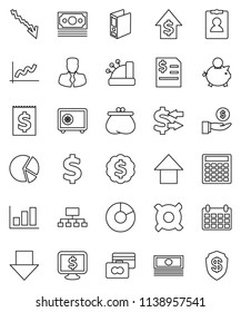 thin line vector icon set - exchange vector, graph, pie, credit card, cash, crisis, piggy bank, manager, investment, dollar growth, annual report, calculator, binder, arrow down, up, medal, safe