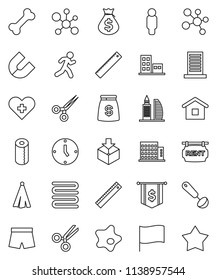 thin line vector icon set - splotch vector, toilet paper, towel, ladle, ruler, magnet, molecule, flag, money bag, clock, man, dollar, shorts, bone, run, package, heart cross, scissors, apartments