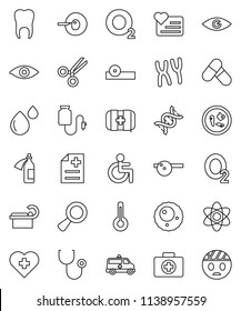 thin line vector icon set - atom vector, pills, heart monitor, cross, first aid kit, oxygen, disabled, thermometer, eye, dna, magnifier, insemination, scissors, stethoscope, doctor hat, microbs