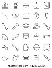 thin line vector icon set - camping cauldron vector, cook hat, glove, timer, press, whisk, spatula, ladle, knife, rolling pin, meat hammer, oven, double boiler, spices, plates, sieve, cereal, pasta