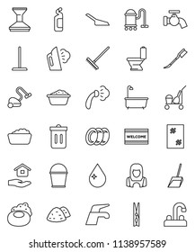 thin line vector icon set - soap vector, cleaner trolley, water tap, vacuum, mop, scoop, rake, bucket, clothespin, trash bin, drop, car fetlock, window cleaning, welcome mat, steaming, bath, toilet