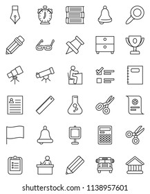 thin line vector icon set - book vector, copybook, pen, pencil, ruler, glasses, student, telescope, bell, calculator, alarm clock, clipboard, paper pin, award cup, certificate, scissors, school bus