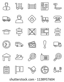 thin line vector icon set - signpost vector, earth, attention, money, phone, 24, support, client, ship, delivery, car, clock, receipt, wood box, consolidated cargo, clipboard, dry, no trolley, route