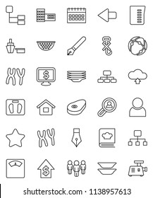 thin line vector icon set - plates vector, colander, measuring cup, cookbook, steak, pen, school building, dollar growth, man, hierarchy, calendar, monitor, scales, port, no hook, chromosomes, arrow