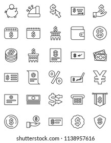 thin line vector icon set - certificate vector, exchange, dollar coin, wallet, cash, piggy bank, investment, check, building, receipt, medal, flag, calendar, cursor, yen sign, money, percent, shield