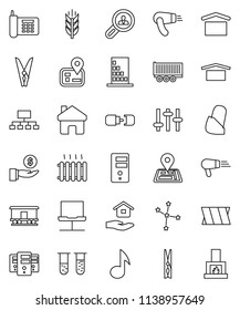 thin line vector icon set - clothespin vector, house hold, music, constellation, investment, hierarchy, cereals, navigator, phone, truck trailer, dry cargo, Railway carriage, settings, vial, bandage