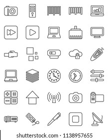 thin line vector icon set - pen vector, notebook pc, laptop graph, arrow up, clock, barcode, camera, remote control, play button, stop, forward, cloud lock, big data, equalizer, lan connector, video