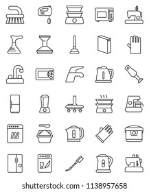 thin line vector icon set - plunger vector, water tap, vacuum cleaner, fetlock, car, washing powder, rubber glove, kettle, microwave oven, blender, fridge, dishwasher, mixer, coffee maker