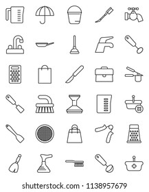 thin line vector icon set - plunger vector, broom, water tap, fetlock, bucket, car, pan, measuring cup, cook press, whisk, spatula, ladle, grater, sieve, case, hand trainer, umbrella, scalpel