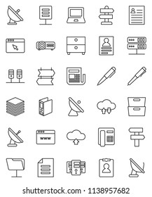 thin line vector icon set - pen vector, notebook pc, document, archive, personal information, binder, signpost, satellite antenna, newspaper, server, network folder, cloud exchange, big data, upload