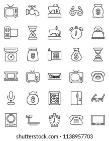 thin line vector icon set - water tap vector, kettle, glasses, alarm clock, abacus, money bag, sand, phone, big scales, film frame, tv, video camera, microphone, classic, fridge, closed, kitchen
