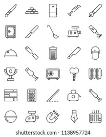 thin line vector icon set - camping cauldron vector, spatula, ladle, knife, grater, blender, dish, pen, award cup, magnet, safe, gold ingot, consolidated cargo, battery, scalpel, tooth implant