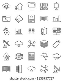thin line vector icon set - presentation vector, personal information, graph, dollar growth, binder, barcode, music hit, social media, network, server, folder, cloud exchange, big data, browser, hub