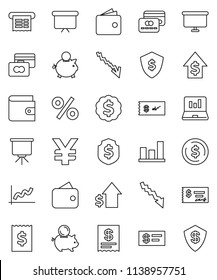 thin line vector icon set - presentation vector, dollar coin, graph, laptop, credit card, wallet, crisis, piggy bank, growth, check, receipt, board, medal, shield, yen sign, percent