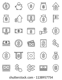 thin line vector icon set - exchange vector, dollar coin, cash, money bag, piggy bank, investment, growth, medal, flag, shield, calendar, monitor, cursor, any currency, receipt