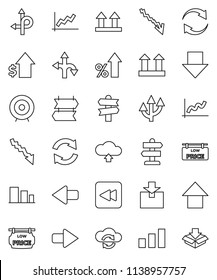 thin line vector icon set - graph vector, crisis, percent growth, dollar, target, arrow down, up, route, signpost, top sign, package, sorting, backward button, cloud exchange, refresh, upload