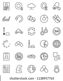 thin line vector icon set - toilet brush vector, glasses, world, personal information, pie graph, pound, pills, no fastfood, gymnast rings, oxygen, earth, music hit, cloud network, refresh, undo