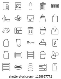 thin line vector icon set - bucket vector, trash bin, garbage pile, measuring cup, sieve, jar, enegry drink, water bottle, sea container, port, wood box, consolidated cargo, package, oil barrel