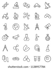 thin line vector icon set - thermometer vector, drawing compass, telescope, microscope, magnet, flask, pills, molecule, oxygen, satellite, antenna, vial, dna, drop counter, ovule