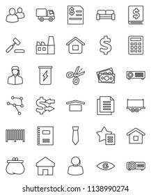 thin line vector icon set - copybook vector, exchange, annual report, tie, dollar sign, enegry drink, money, support, truck trailer, document, dry cargo, group, eye, network, home, favorites, wallet