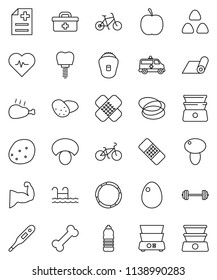 thin line vector icon set - double boiler vector, cereal, egg, mushroom, potato, chicken leg, diet, barbell, heart pulse, bike, muscule hand, water bottle, fitness mat, bone, hoop, doctor bag, patch