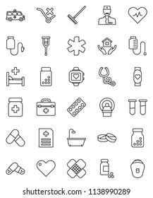 thin line vector icon set - rake vector, house hold, pills vial, heart monitor, no trolley, doctor bag, ambulance star, pulse, crutches, patch, stethoscope, bottle, blister, anamnesis, hospital bed
