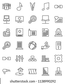 thin line vector icon set - clothespin vector, house hold, music, investment, personal information, hierarchy, any currency, heart monitor, navigator, phone, settings, bandage, connection, server
