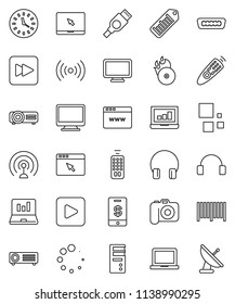 Thin Line Vector Icon Set - Notebook Pc Vector, Laptop Graph, Clock, Barcode, Music Hit, Camera, Antenna, Remote Control, Headphones, Play Button, Forward, Hdmi, Browser, Loading, Wireless, Tap Pay