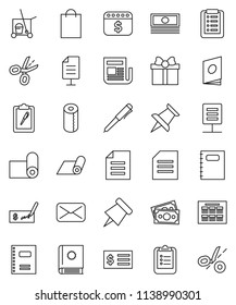 thin line vector icon set - cleaner trolley vector, toilet paper, copybook, pen, schedule, clipboard, pin, document, cash, check, receipt, dollar calendar, fitness mat, money, newspaper, thumbtack