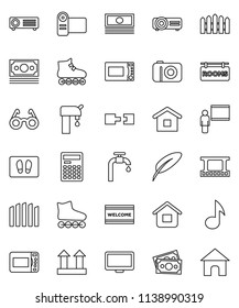 thin line vector icon set - welcome mat vector, microwave oven, pen, blackboard, glasses, calculator, music, cash, roller Skates, money, top sign, film frame, monitor, connection, water supply, home