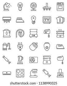 thin line vector icon set - vacuum cleaner vector, iron, mixer, oven, double boiler, blender, table lamp, tv, rca, air conditioner, ari condition, power plug, epilator, fan, kettle, bulb, fireplace