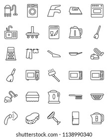 thin line vector icon set - scraper vector, broom, water tap, vacuum cleaner, fetlock, scoop, sponge, iron, steaming, drying clothes, washer, sink, pan, kettle, colander, grater, microwave oven