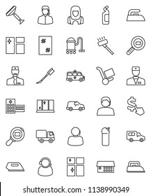 thin line vector icon set - scraper vector, vacuum cleaner, car fetlock, window cleaning, iron, agent, shining, woman, dollar cursor, support, cargo search, doctor, hospital building, amkbulance