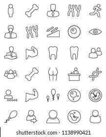 thin line vector icon set - student vector, manager, man, muscule hand, buttocks, stairways run, bone, client, group, eye, dna, pregnancy, chromosomes, sperm, ovule, tooth, login, consumer, customer