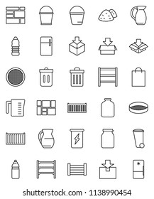 thin line vector icon set - bucket vector, trash bin, garbage pile, measuring cup, jug, sieve, jar, enegry drink, water bottle, sea container, wood box, consolidated cargo, package, shelving, fridge