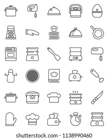 thin line vector icon set - pan vector, cook hat, apron, glove, timer, whisk, spatula, knife, grater, double boiler, cookbook, sieve, dish, mixer, multi cooker, toaster, oven