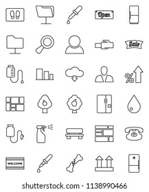 thin line vector icon set - water drop vector, welcome mat, sprayer, percent growth, consolidated cargo, top sign, sorting, classic phone, magnifier, dropper, broken bone, counter, network folder