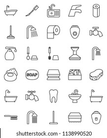 thin line vector icon set - soap vector, water tap, fetlock, mop, sponge, car, bath, toilet brush, liquid, paper, shower, sink, tooth, epilator