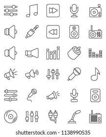 thin line vector icon set - music vector, disk, microphone, radio, speaker, loudspeaker, settings, equalizer, forward button, backward, rca, jack
