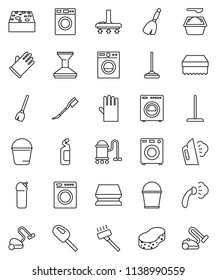 thin line vector icon set - broom vector, vacuum cleaner, mop, bucket, sponge, car fetlock, steaming, washer, washing powder, cleaning agent, rubber glove