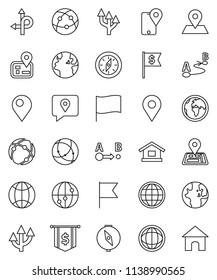 thin line vector icon set - compass vector, world, flag, dollar, route, navigator, earth, map pin, traking, internet, connection, globe, arrow, home