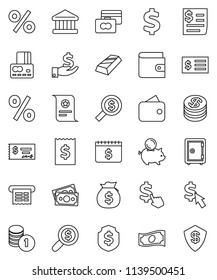 thin line vector icon set - certificate vector, bank, gold ingot, credit card, wallet, cash, money bag, piggy, investment, coin stack, check, receipt, search, dollar shield, safe, calendar, cursor