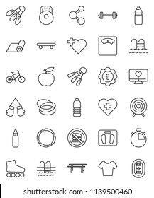 thin line vector icon set - diet vector, barbell, scales, stopwatch, bike, weight, horizontal bar, punching bag, boxing glove, t shirt, roller Skates, skateboard, target, medal, molecule, pool, hoop