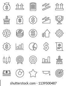 thin line vector icon set - graduate hat vector, clipboard, award cup, certificate, graph, pie, japanese candle, money bag, dollar growth, bank building, target, medal, sign, stairways run, top