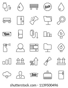 thin line vector icon set - water drop vector, sprayer, percent growth, consolidated cargo, top sign, sorting, magnifier, broken bone, counter, network folder, lan connector, bench, cloud download