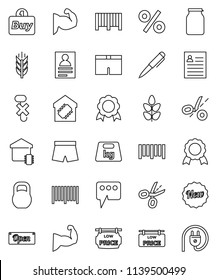 thin line vector icon set - jar vector, pen, medal, personal information, muscule hand, shorts, cereals, no hook, weight, barcode, message, low price signboard, smart home, new, open, percent, buy
