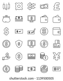 thin line vector icon set - exchange vector, dollar coin, japanese candle, credit card, wallet, cash, investment, stack, check, shield, monitor, any currency, pound, yen sign